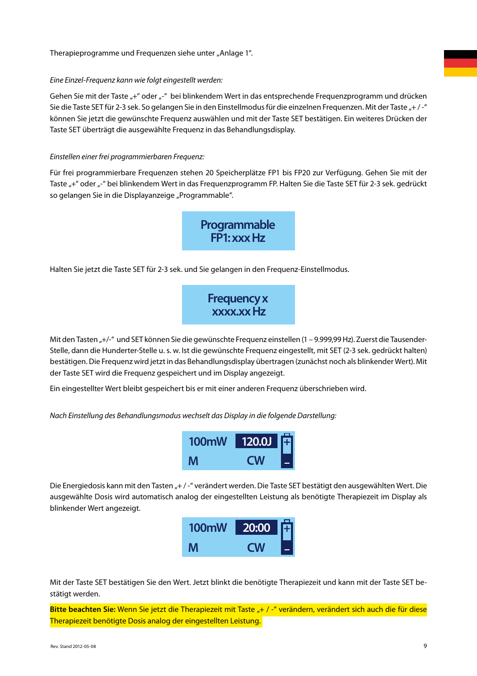 Programmable fp1: xxx hz | 3B Scientific Light Therapy__3B Laser Pen 200 mW, 808 nm; infrared User Manual | Page 9 / 74