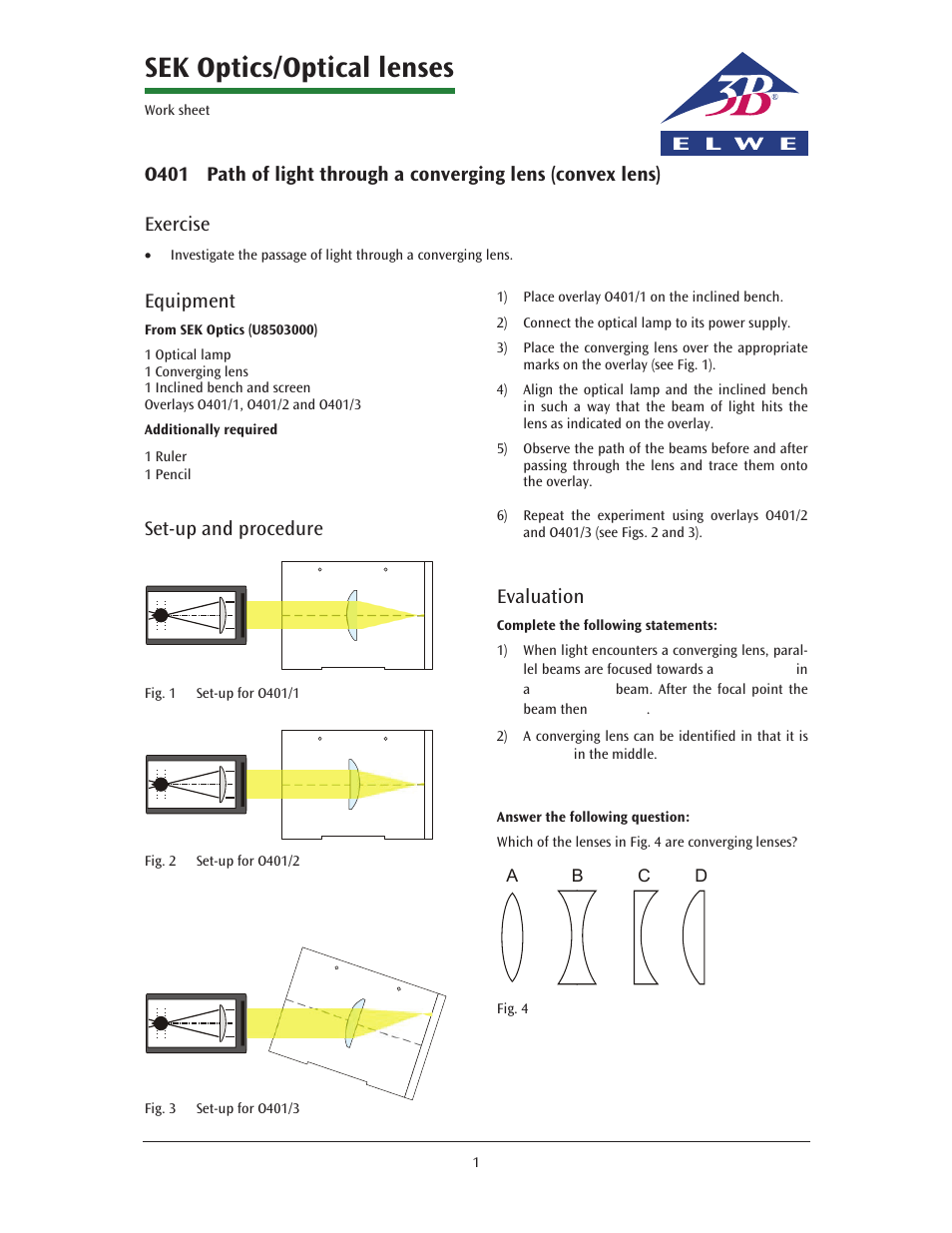 Sek optics/optical lenses, Exercise, Equipment | Set-up and procedure, Evaluation | 3B Scientific Advanced Optics Kit (115 V, 50__60 Hz) User Manual | Page 2 / 3