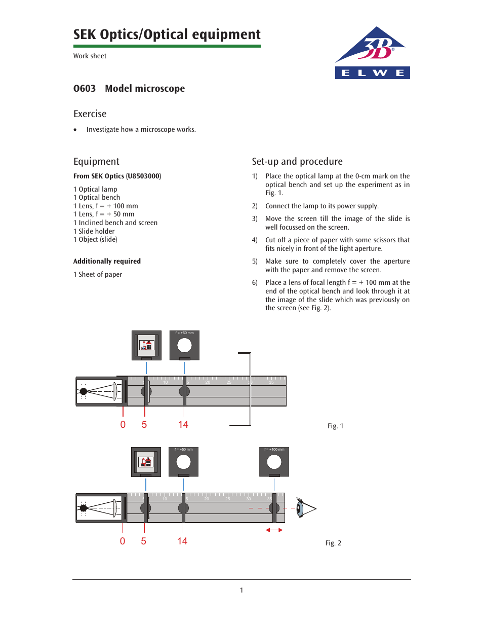Sek optics/optical equipment, O603 model microscope, Exercise | Equipment, Set-up and procedure | 3B Scientific Advanced Optics Kit (115 V, 50__60 Hz) User Manual | Page 3 / 3