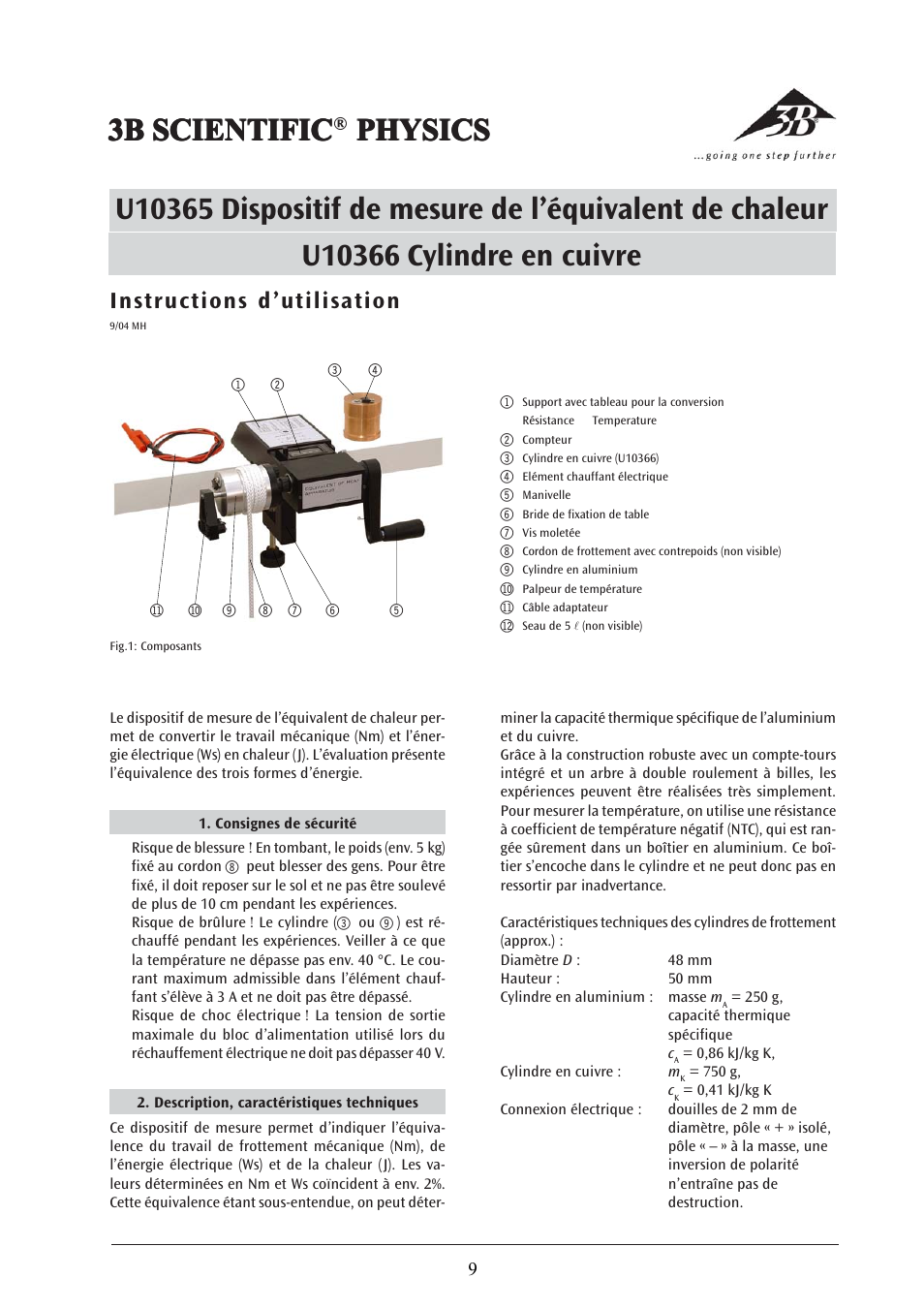 3b scientific, Instructions d ’utilisation | 3B Scientific Heat Equivalent Apparatus User Manual | Page 9 / 24