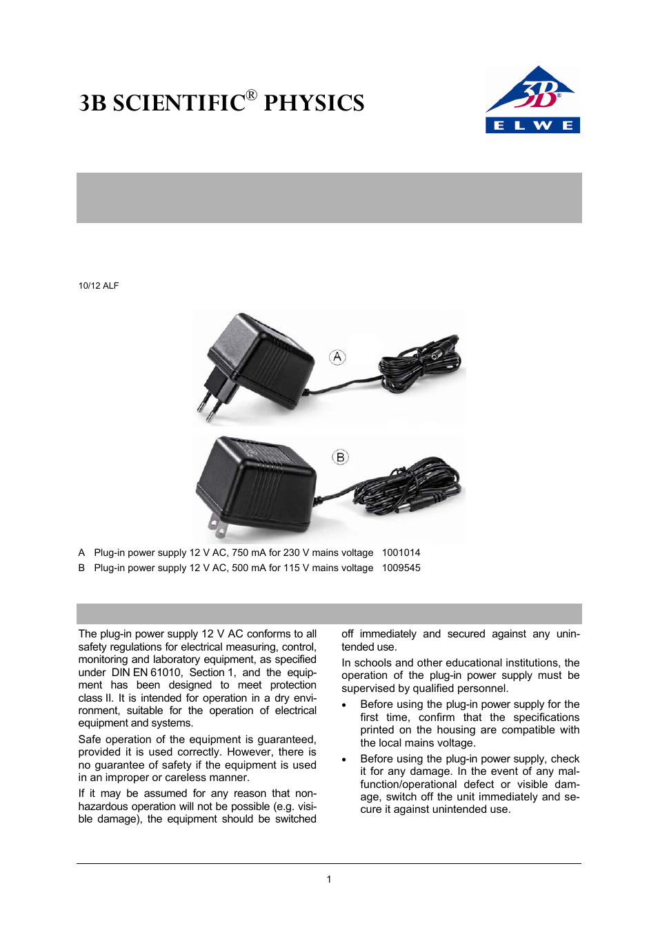 3B Scientific AC Plug-In Power Supply 12 V, 500 mA (115 V, 50__60 Hz) User Manual | 2 pages