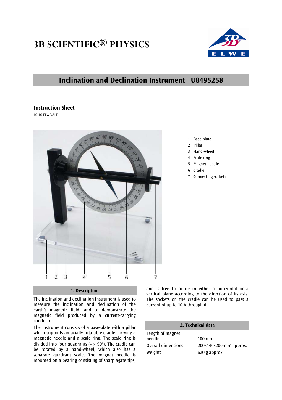 3B Scientific Inclination and Declination Instrument User Manual | 2 pages