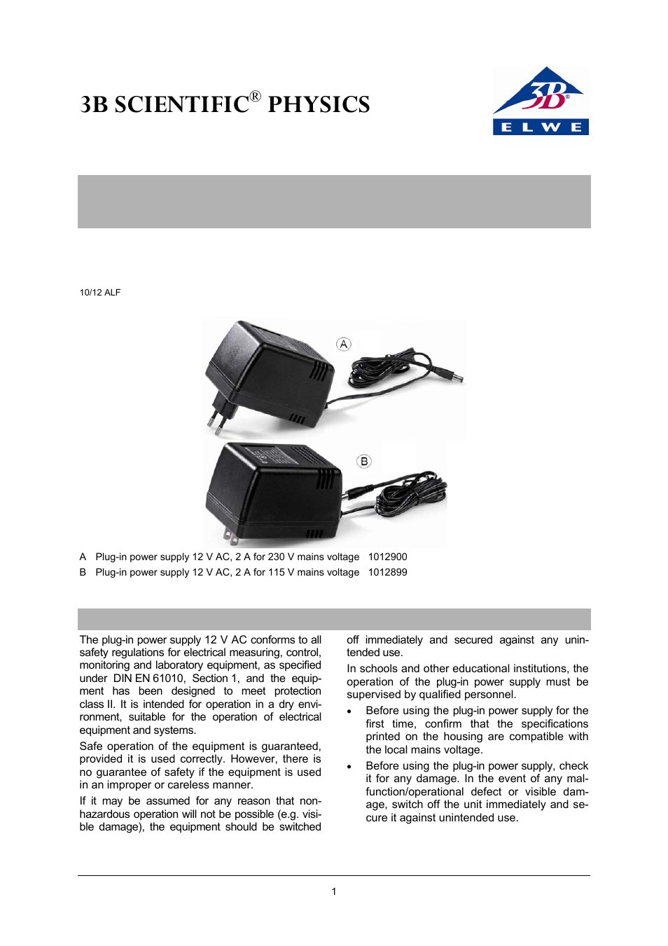 3B Scientific AC Plug-In Power Supply 12 V, 2000 mA (230 V, 50__60 Hz) User Manual | 2 pages
