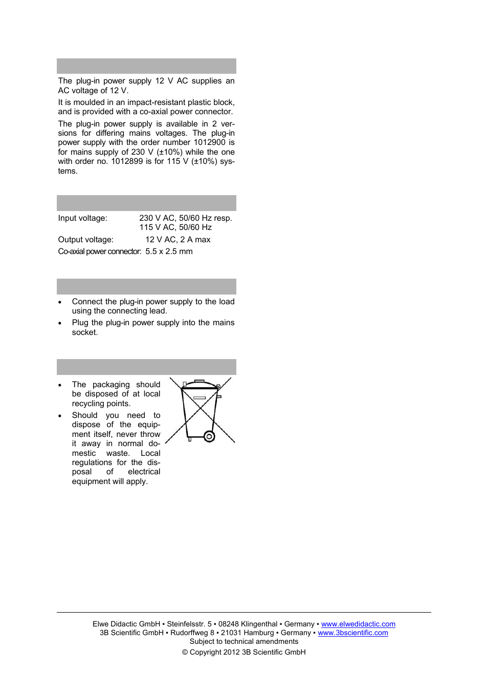 3B Scientific AC Plug-In Power Supply 12 V, 2000 mA (230 V, 50__60 Hz) User Manual | Page 2 / 2