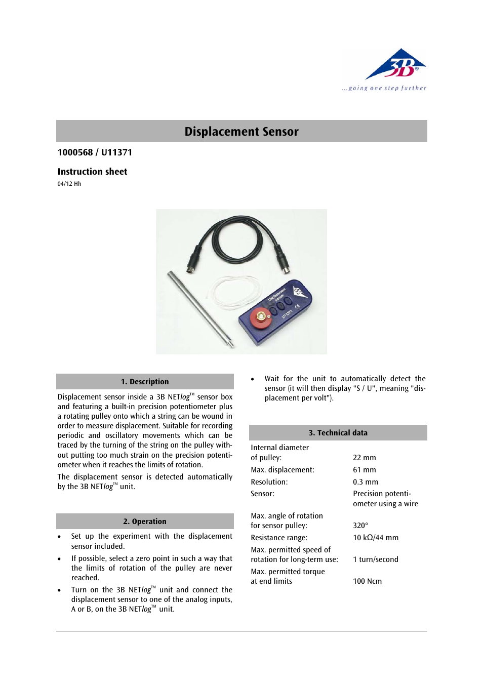 3B Scientific Displacement Sensor User Manual | 4 pages