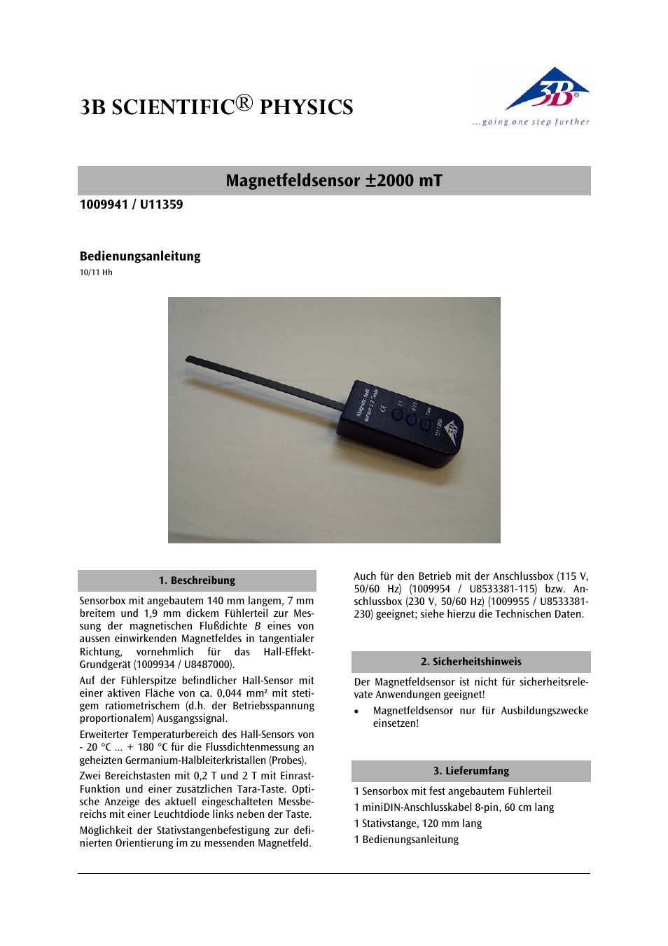 3B Scientific Magnetic Field Sensor ±2000 mT User Manual | 24 pages