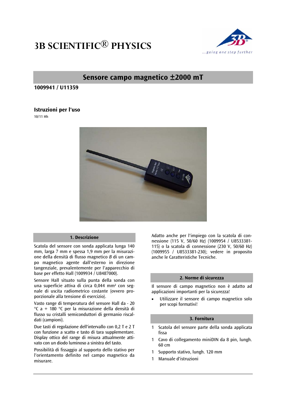 3b scientific® physics, Sensore campo magnetico ±2000 mt | 3B Scientific Magnetic Field Sensor ±2000 mT User Manual | Page 13 / 24