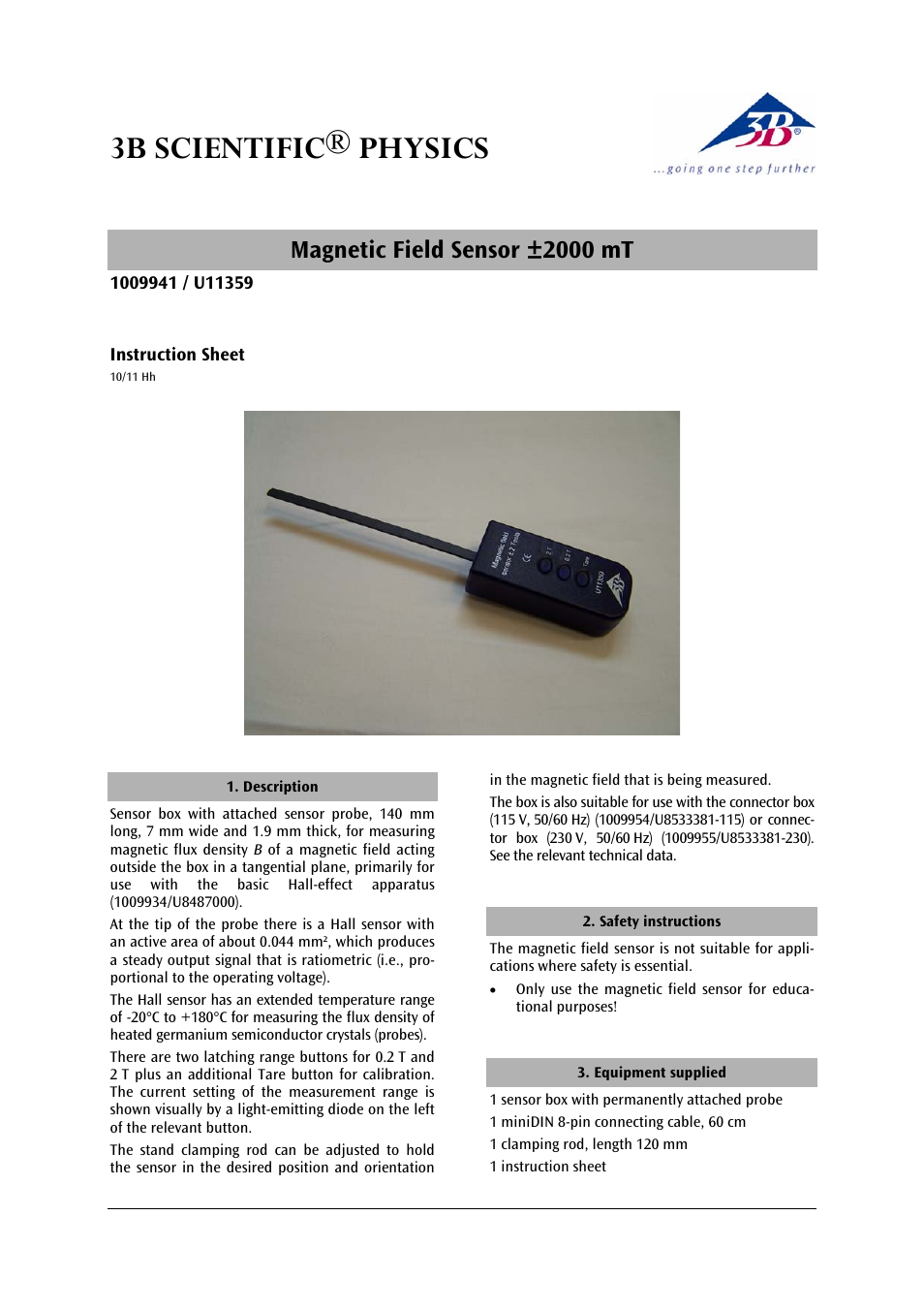 3b scientific® physics, Magnetic field sensor ±2000 mt | 3B Scientific Magnetic Field Sensor ±2000 mT User Manual | Page 5 / 24