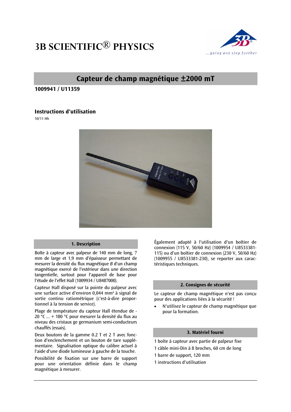 3b scientific® physics, Capteur de champ magnétique ±2000 mt | 3B Scientific Magnetic Field Sensor ±2000 mT User Manual | Page 9 / 24