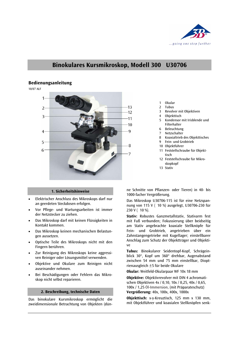 3B Scientific Binocular Course Microscope Model 300 (230 V, 50__60 Hz) User Manual | 15 pages