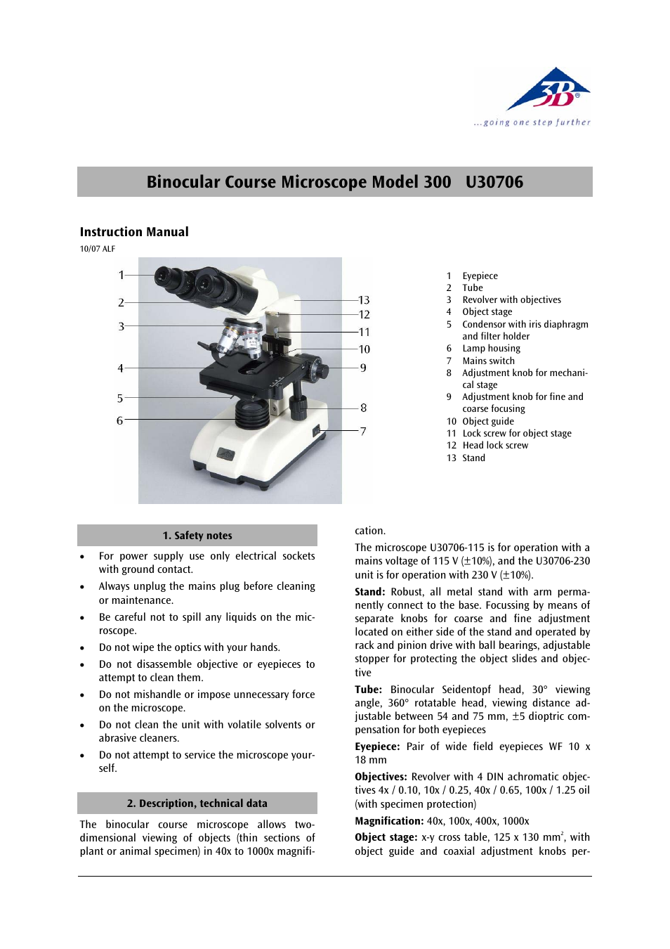 3b scientific, Physics | 3B Scientific Binocular Course Microscope Model 300 (230 V, 50__60 Hz) User Manual | Page 3 / 15