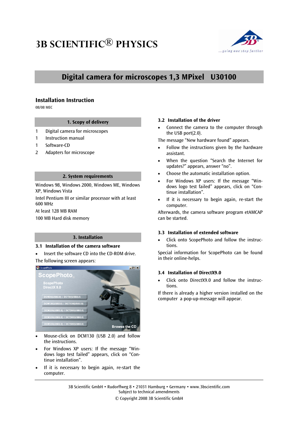 3B Scientific Digital Camera for Microscope, 1.3 Mpixels User Manual | 2 pages