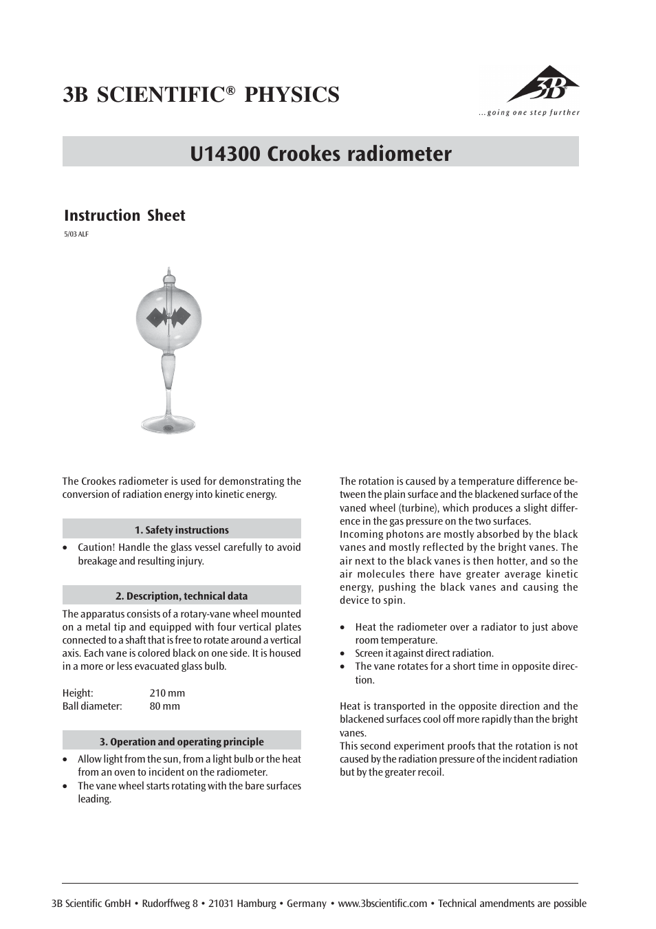 3B Scientific Radiation of Heat__Crookes Radiometer User Manual | 1 page