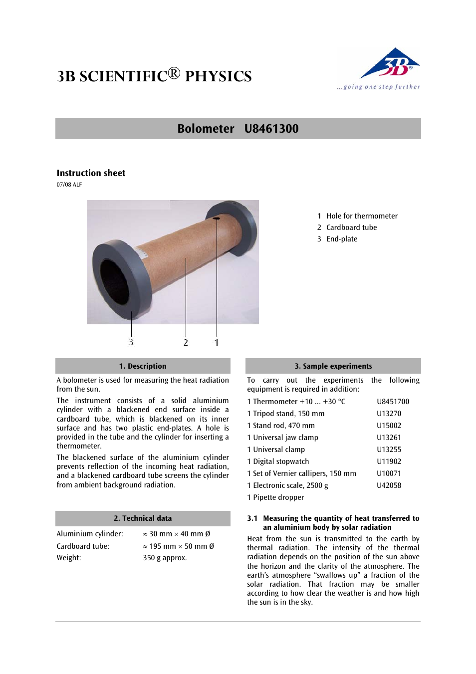 3B Scientific Bolometer User Manual | 2 pages