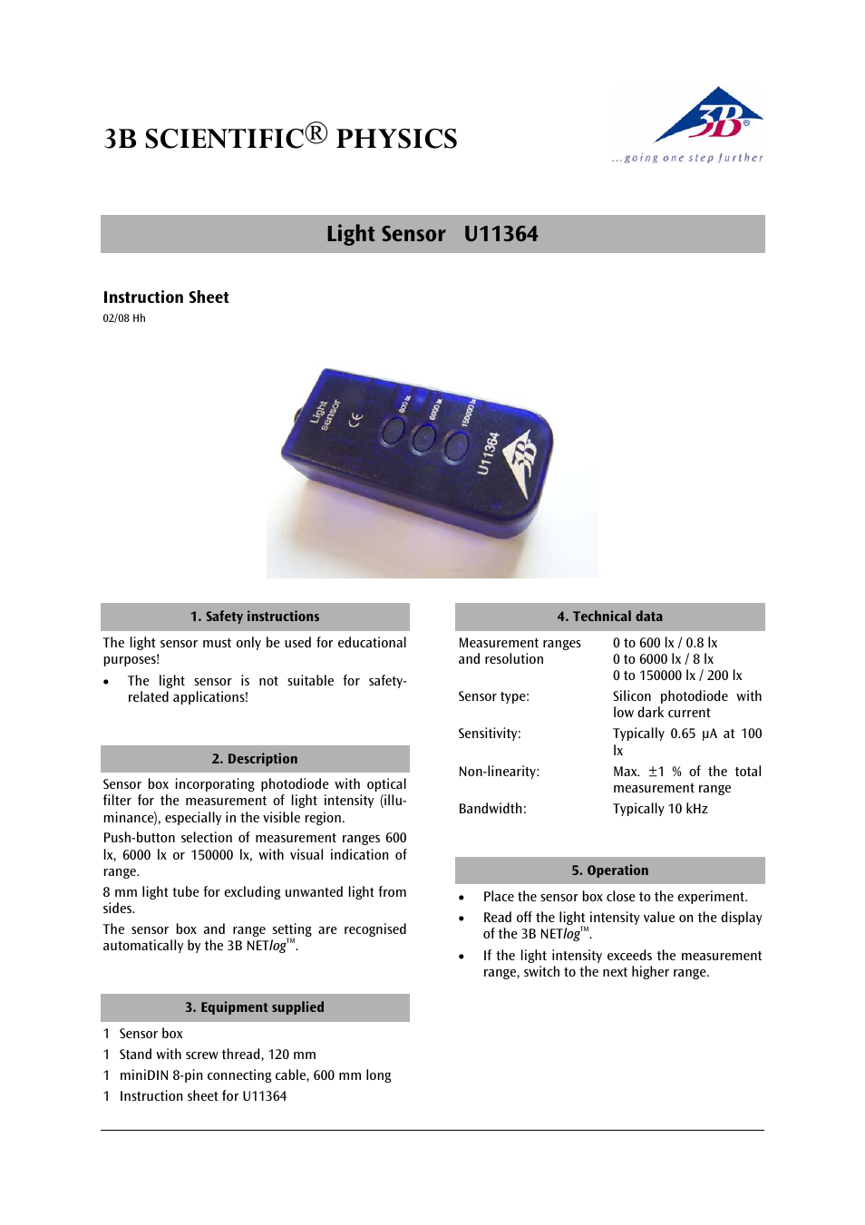 3B Scientific Light Sensor User Manual | 2 pages