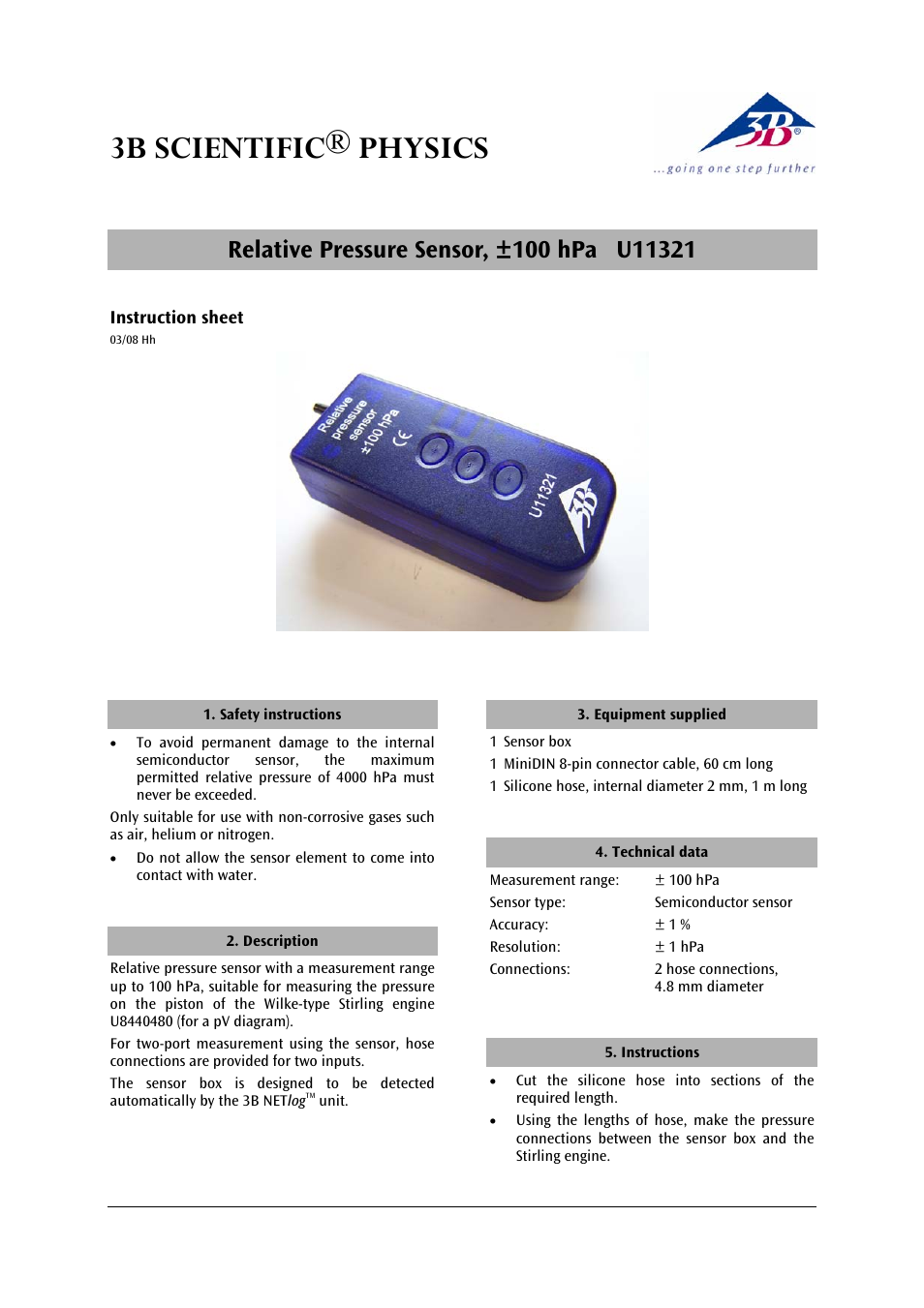 3b scientific® physics | 3B Scientific Relative Pressure Sensor, ±100 hPa User Manual | Page 5 / 24