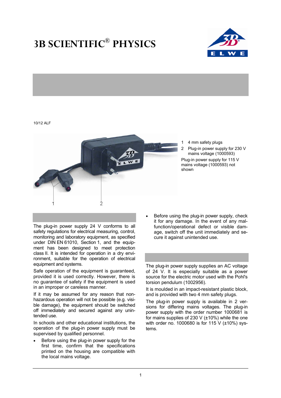 3B Scientific AC Plug-in Power Supply 24 V, 0.7 A (230 V, 50__60 Hz) User Manual | 2 pages