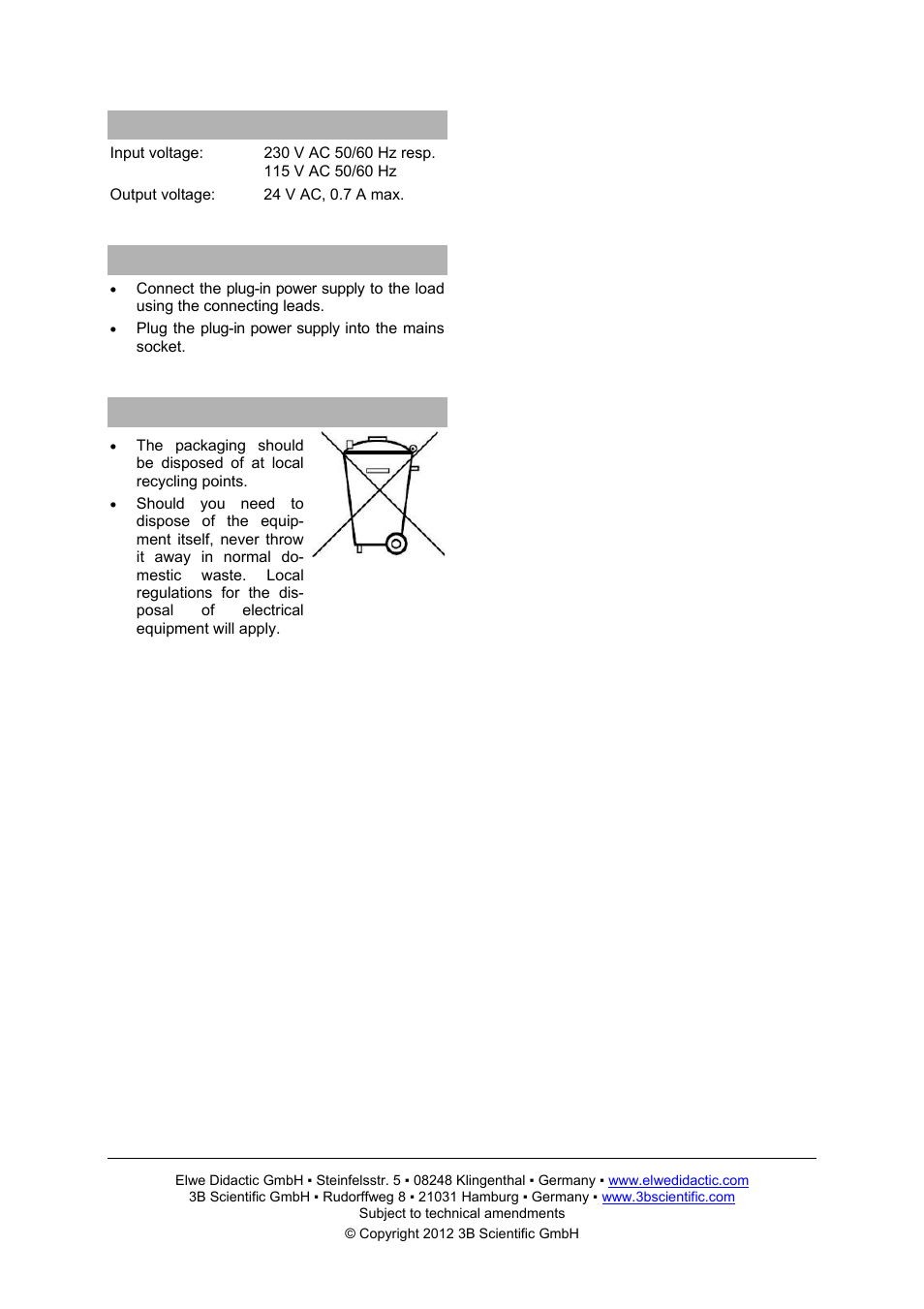3B Scientific AC Plug-in Power Supply 24 V, 0.7 A (230 V, 50__60 Hz) User Manual | Page 2 / 2