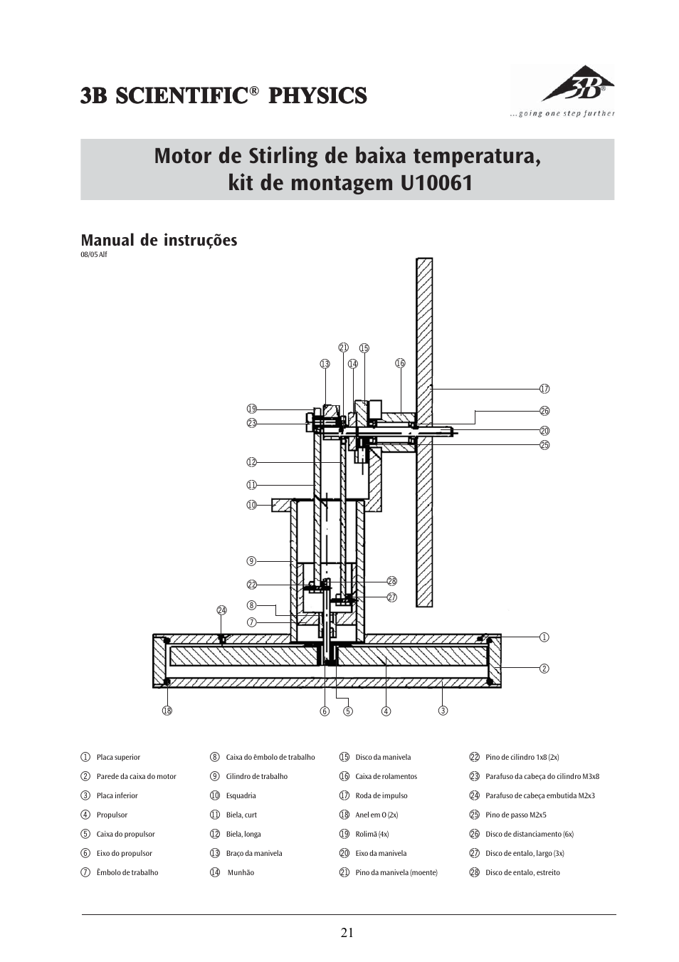 3b scientific, Manual de instruções | 3B Scientific Low Temperature Stirling Engine Kit, Assembly Kit User Manual | Page 21 / 24