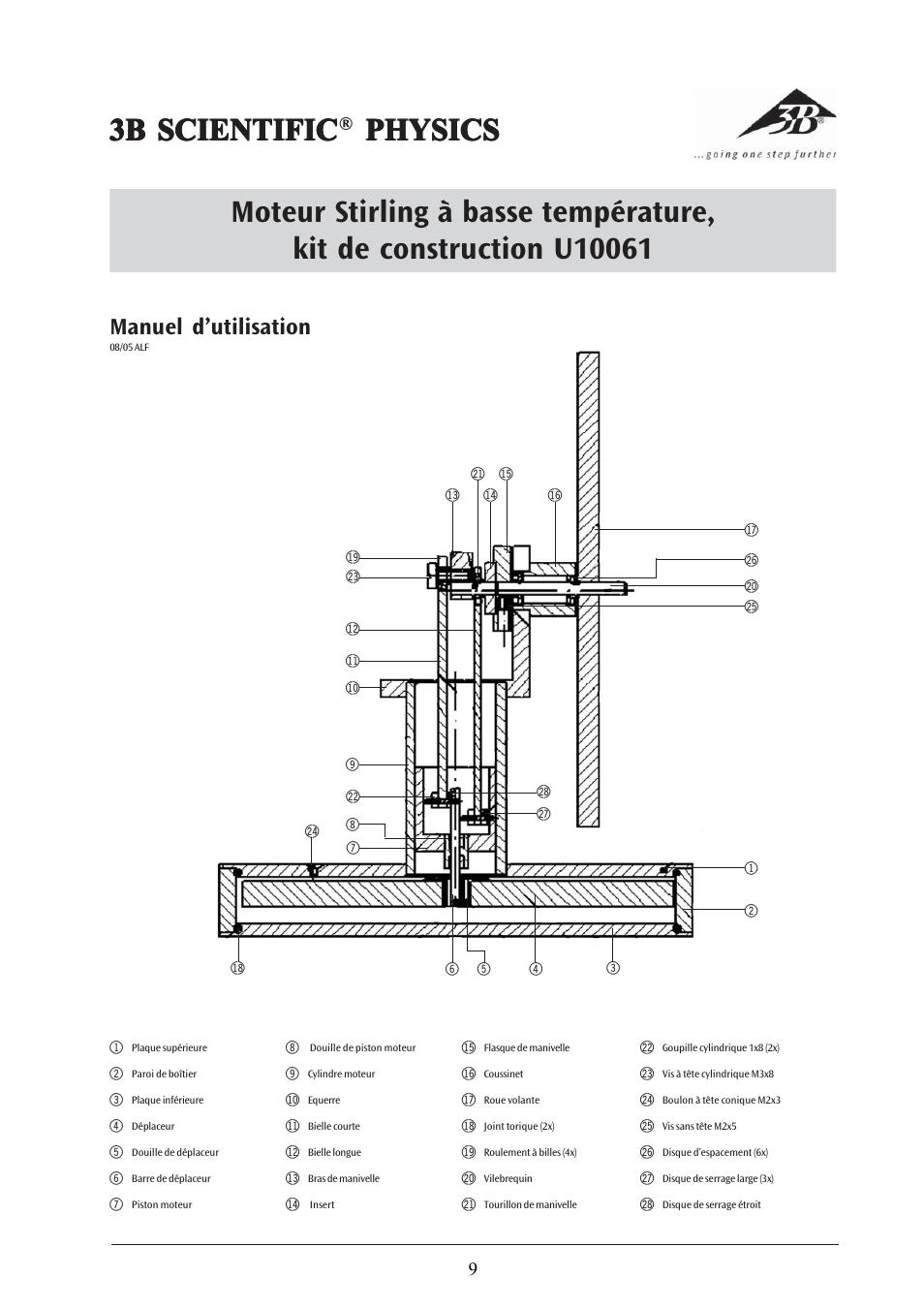 3b scientific, Manuel d’utilisation | 3B Scientific Low Temperature Stirling Engine Kit, Assembly Kit User Manual | Page 9 / 24