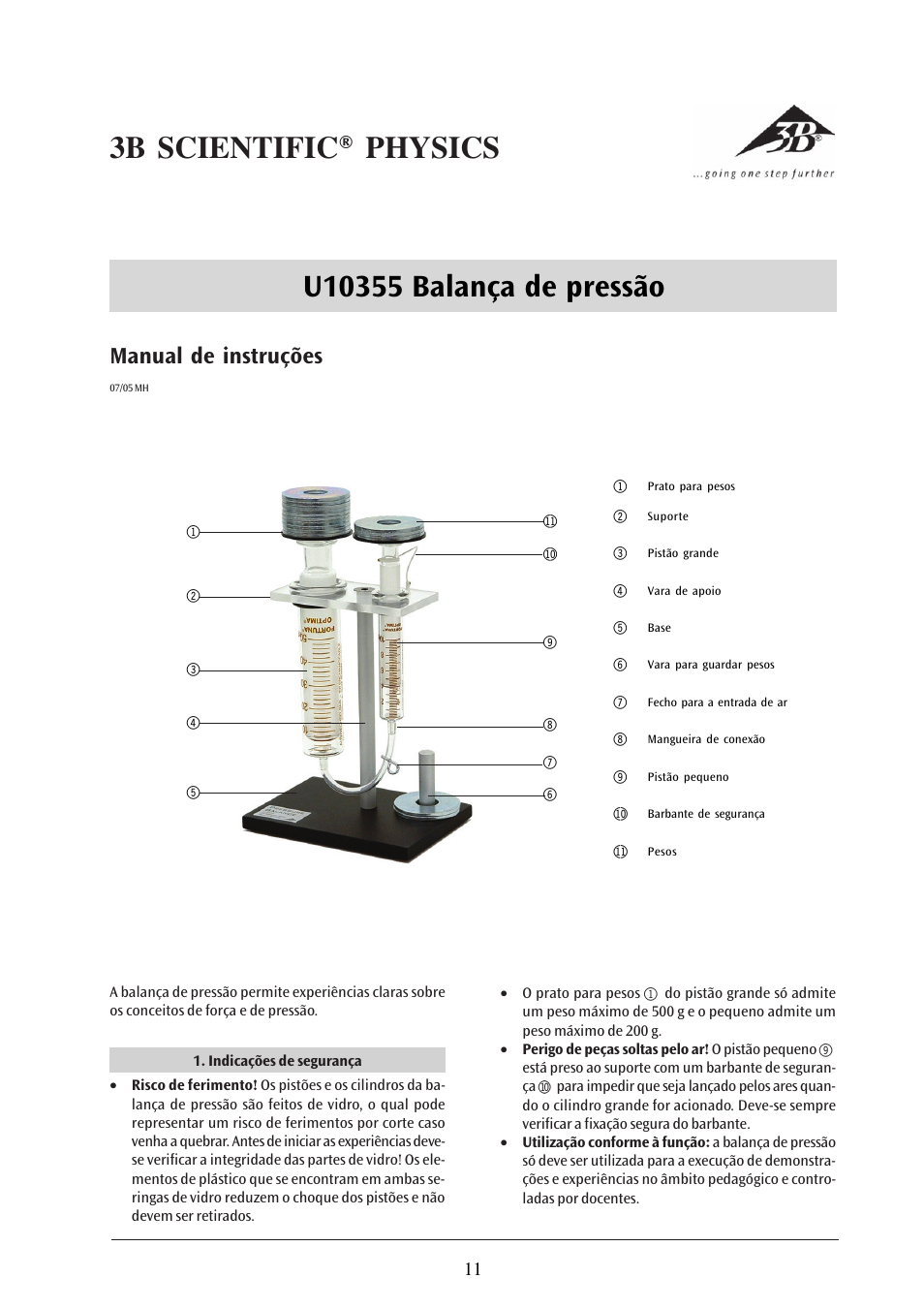 Manual de instruções | 3B Scientific Pressure Balance User Manual | Page 11 / 12