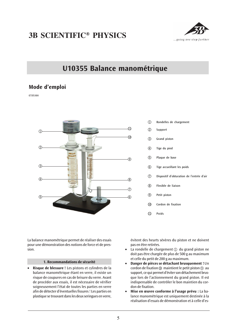 Mode d’emploi | 3B Scientific Pressure Balance User Manual | Page 5 / 12