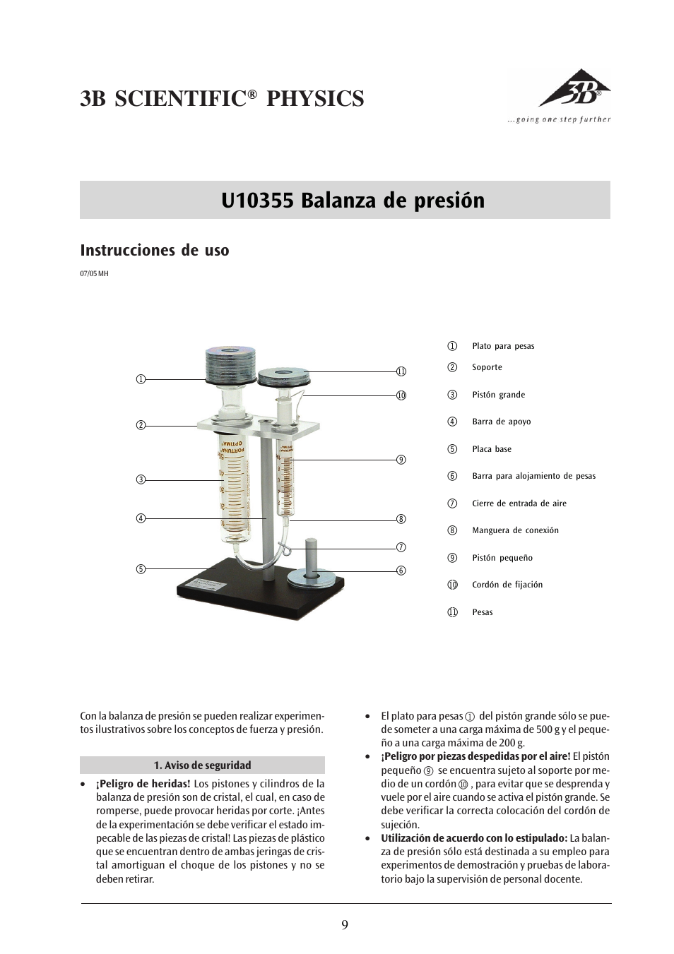 Instrucciones de uso | 3B Scientific Pressure Balance User Manual | Page 9 / 12