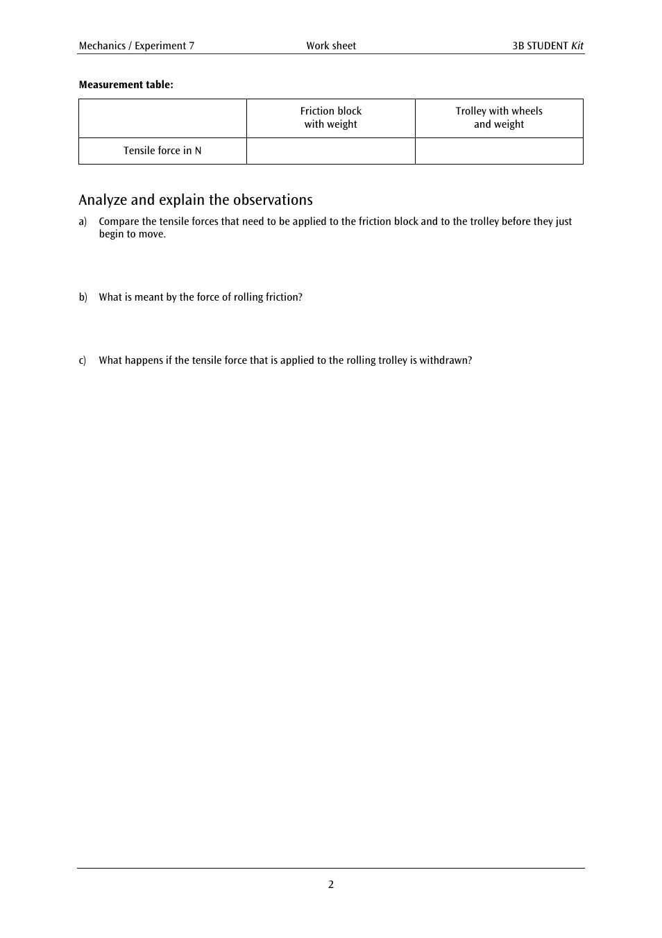 Analyze and explain the observations | 3B Scientific Basic Mechanics Kit User Manual | Page 2 / 2