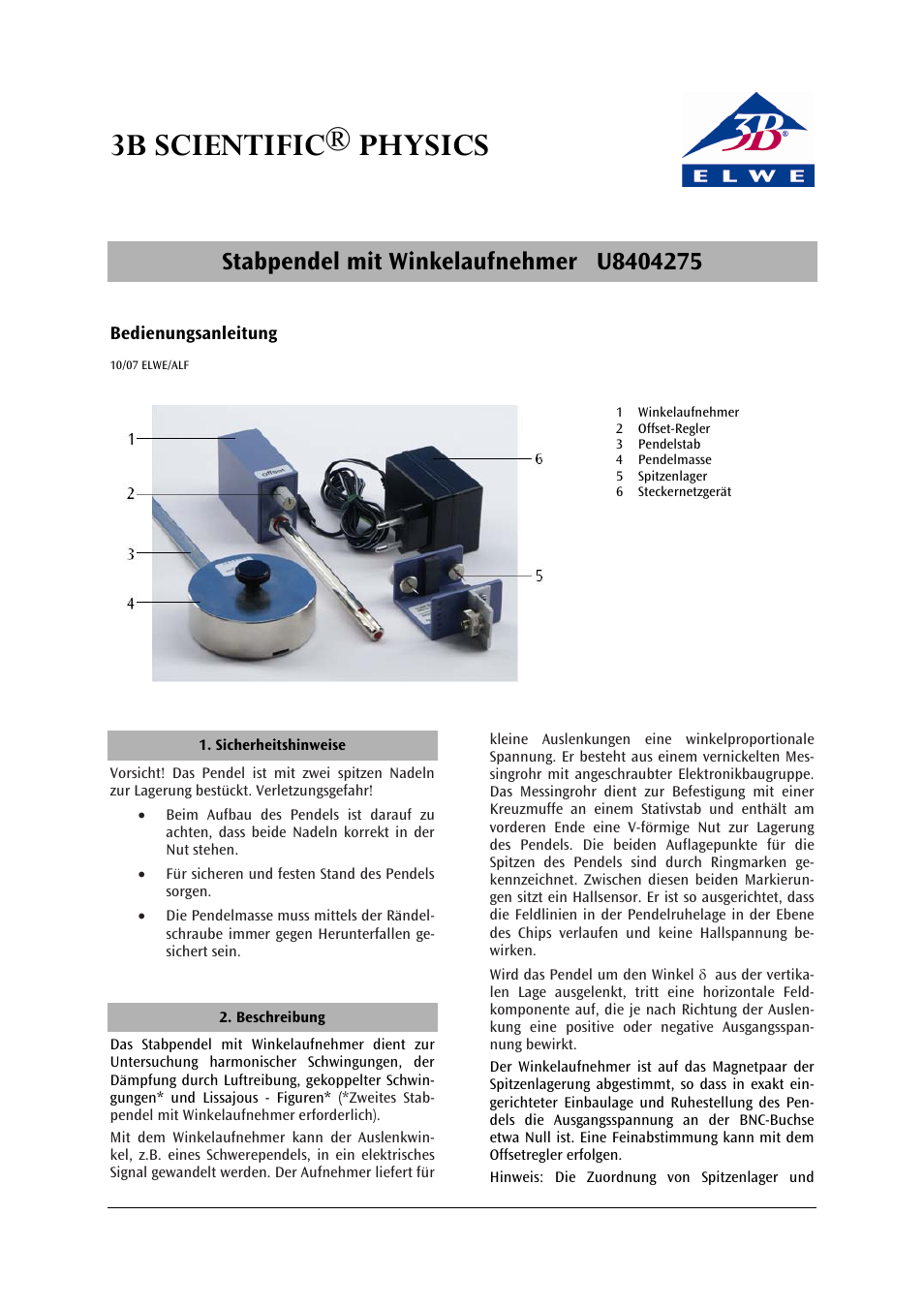 3B Scientific Pendulum Rod with Angle Sensor, 12V AC (115V,50__60Hz) User Manual | 24 pages