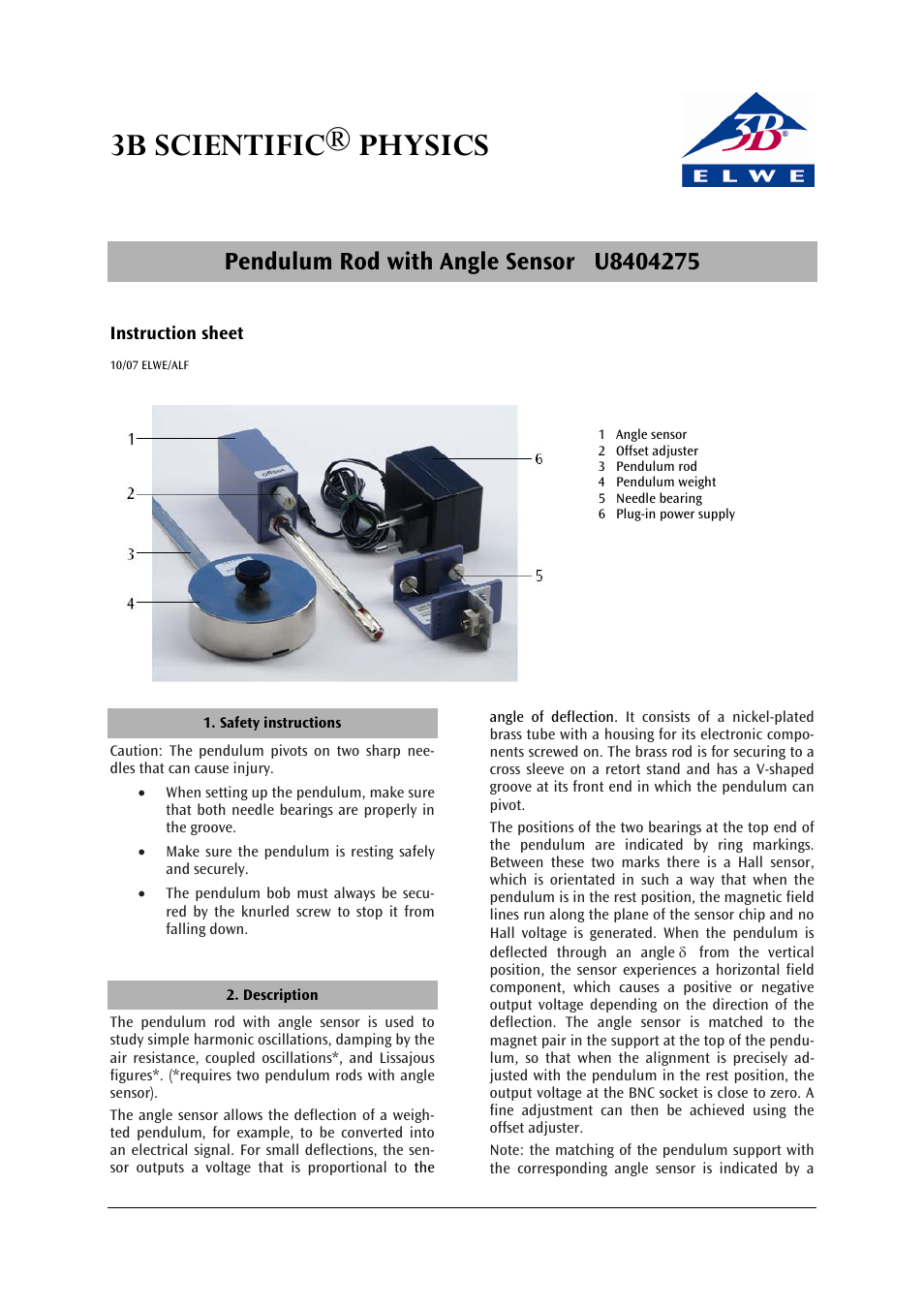 3b scientific® physics | 3B Scientific Pendulum Rod with Angle Sensor, 12V AC (115V,50__60Hz) User Manual | Page 5 / 24