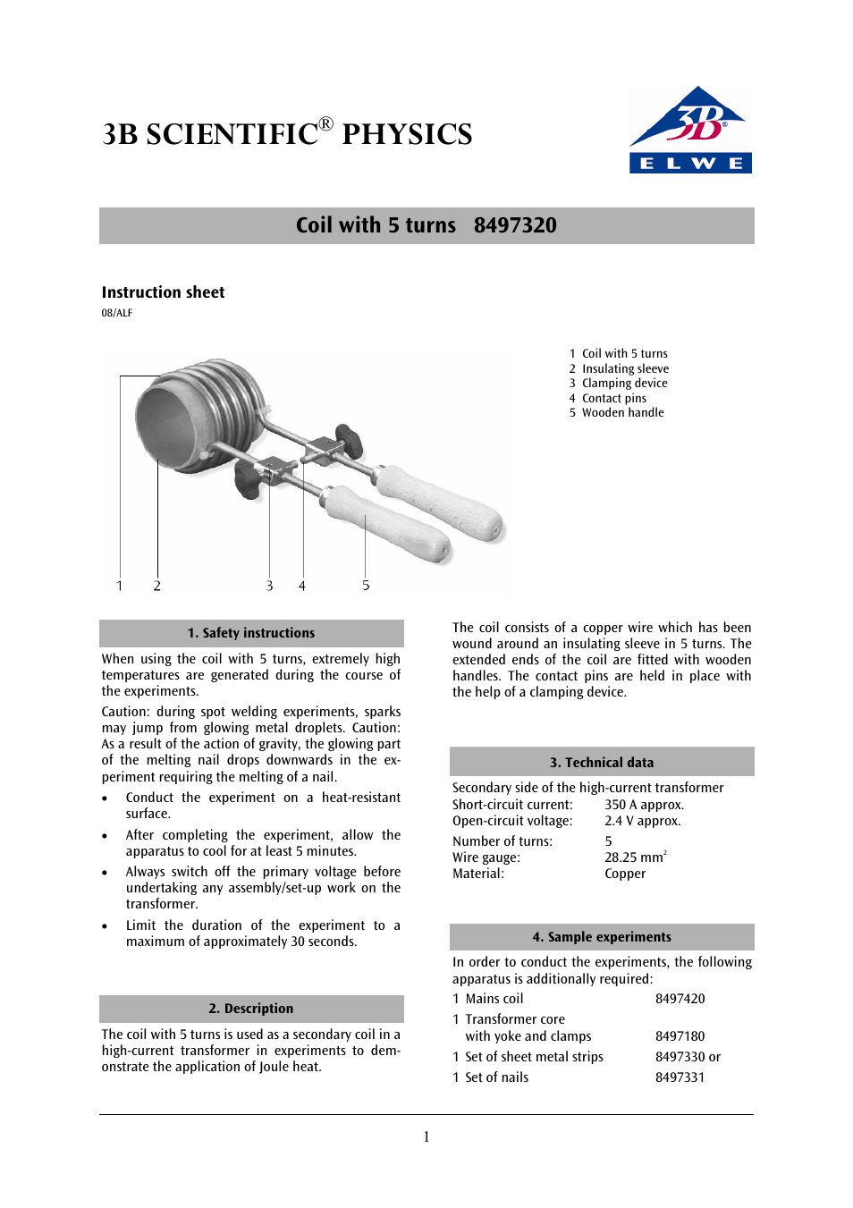 3B Scientific High Current Coil with Five Turns User Manual | 2 pages