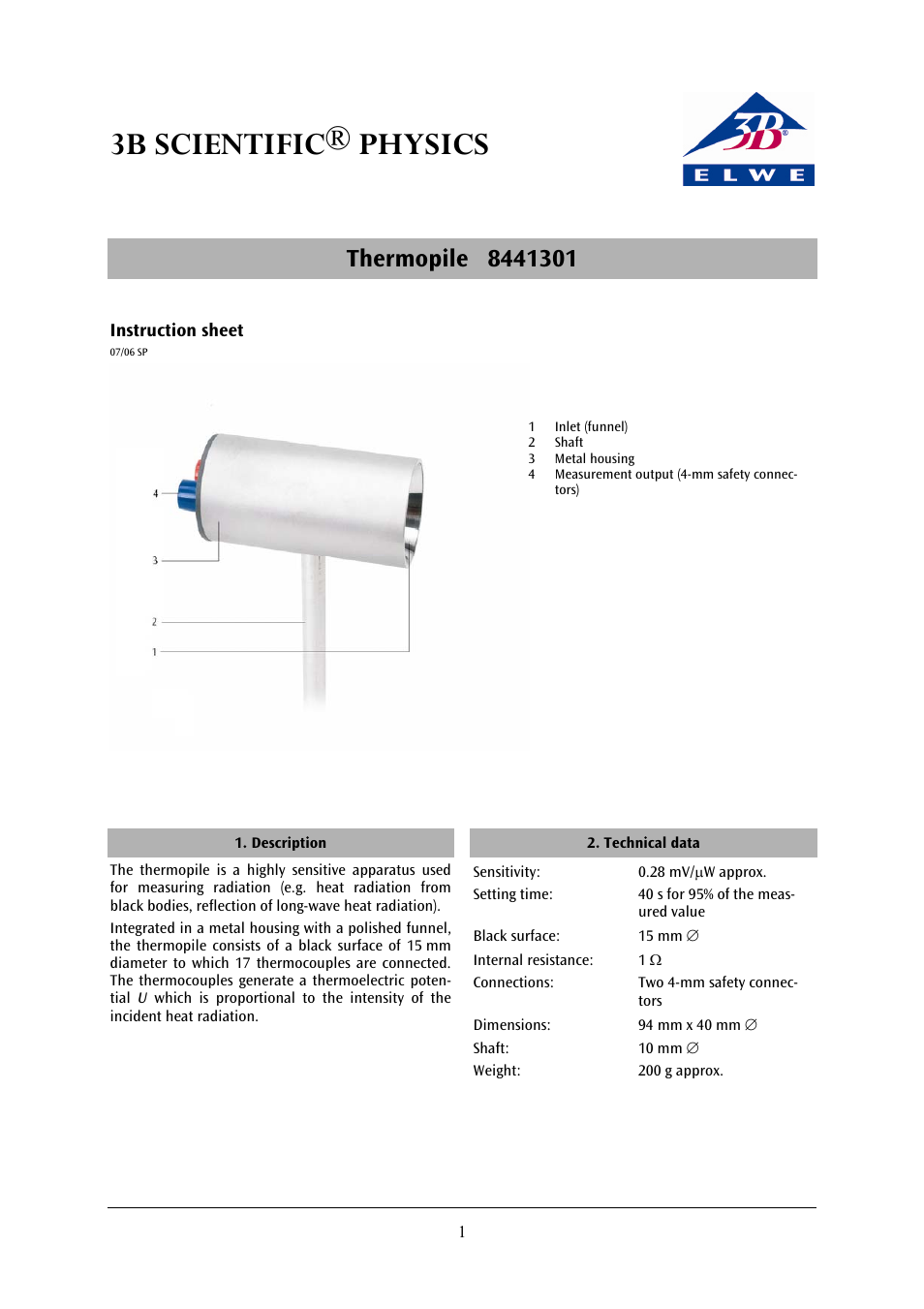 3b scientific® physics | 3B Scientific Radiation of Heat__Thermopile User Manual | Page 3 / 12