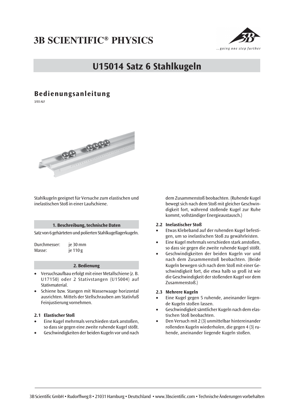 3B Scientific Set of 6 Steel Balls User Manual | 6 pages