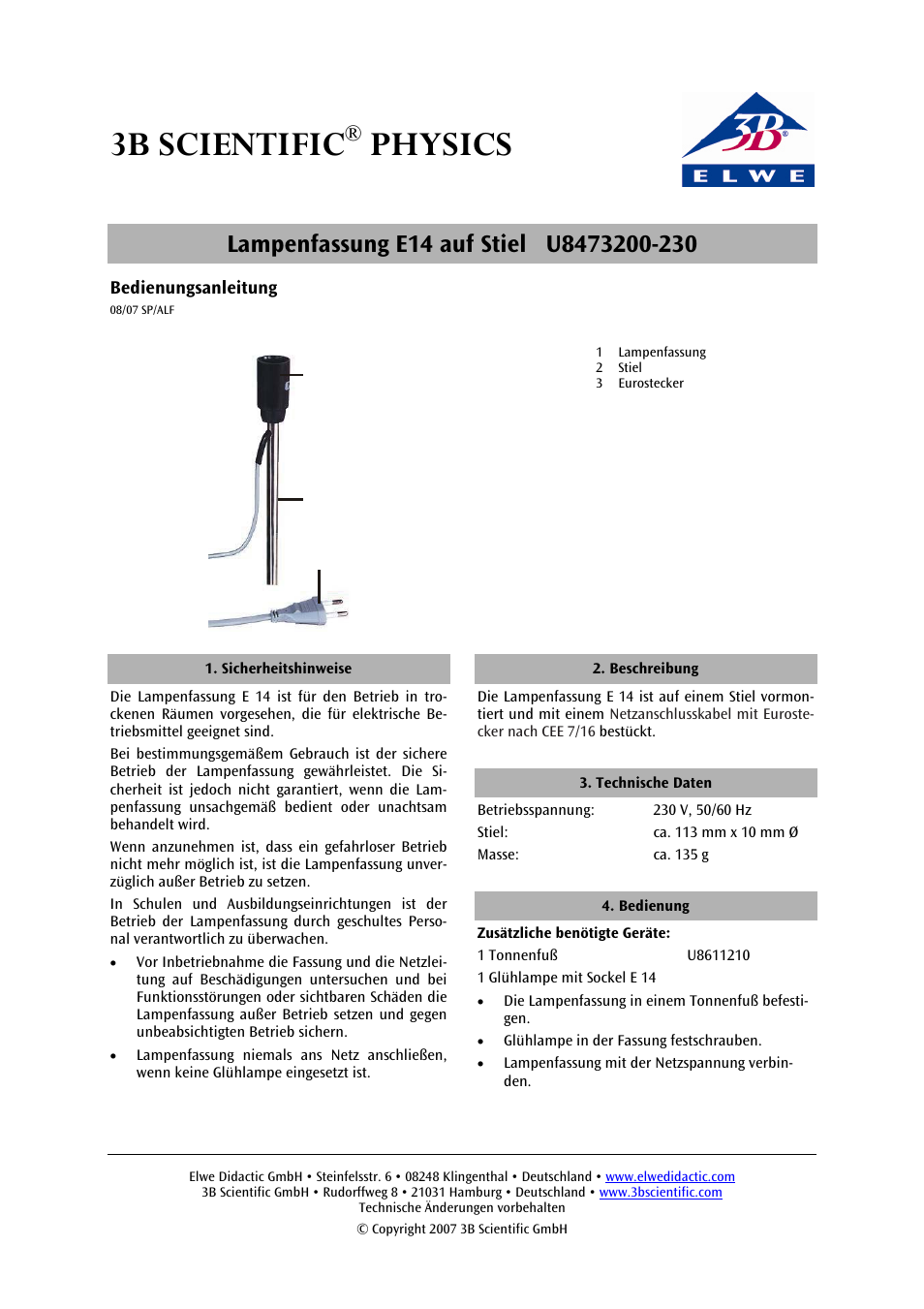 3B Scientific E14 Lamp Socket on Stem User Manual | 6 pages