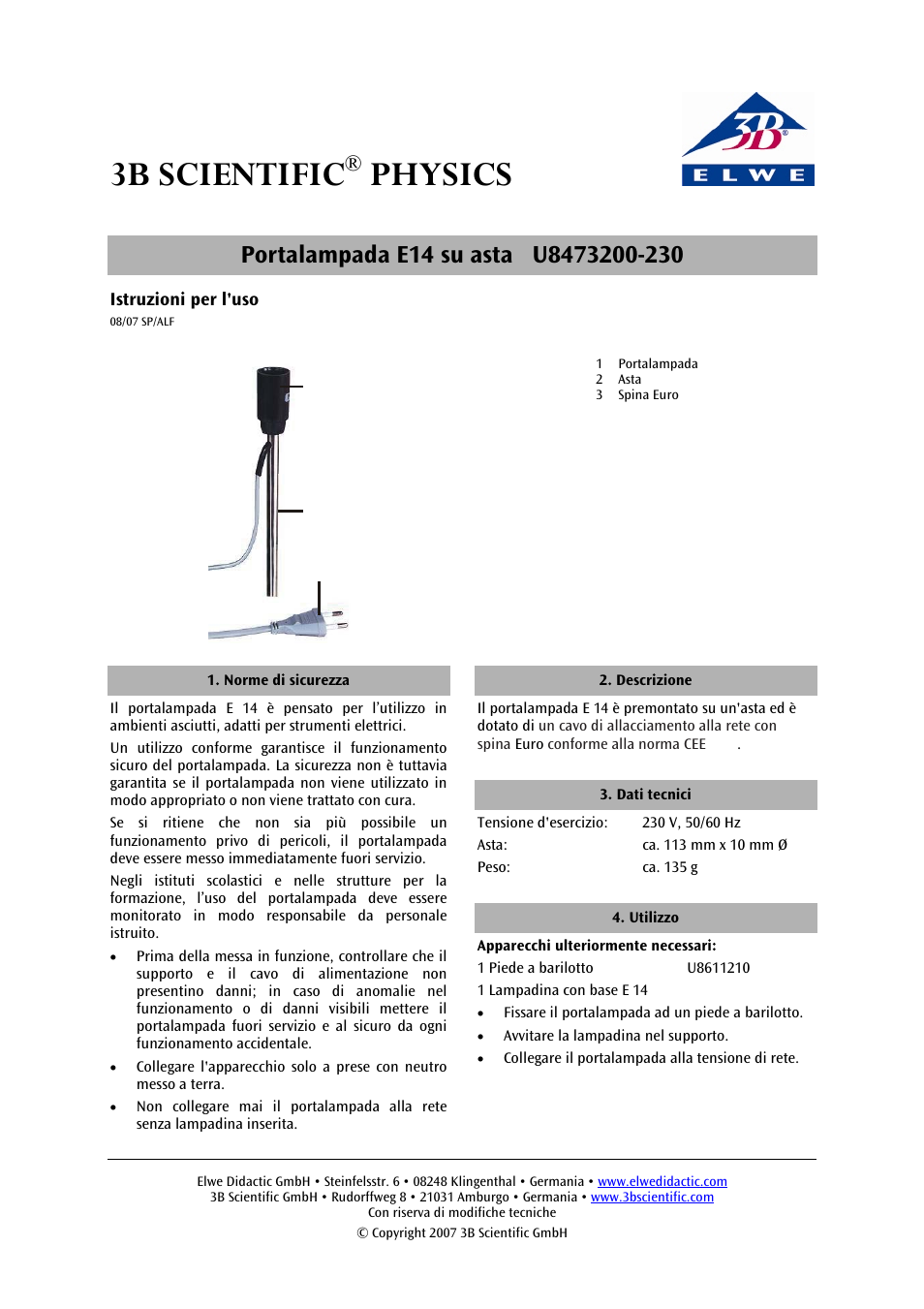 3b scientific, Physics | 3B Scientific E14 Lamp Socket on Stem User Manual | Page 4 / 6