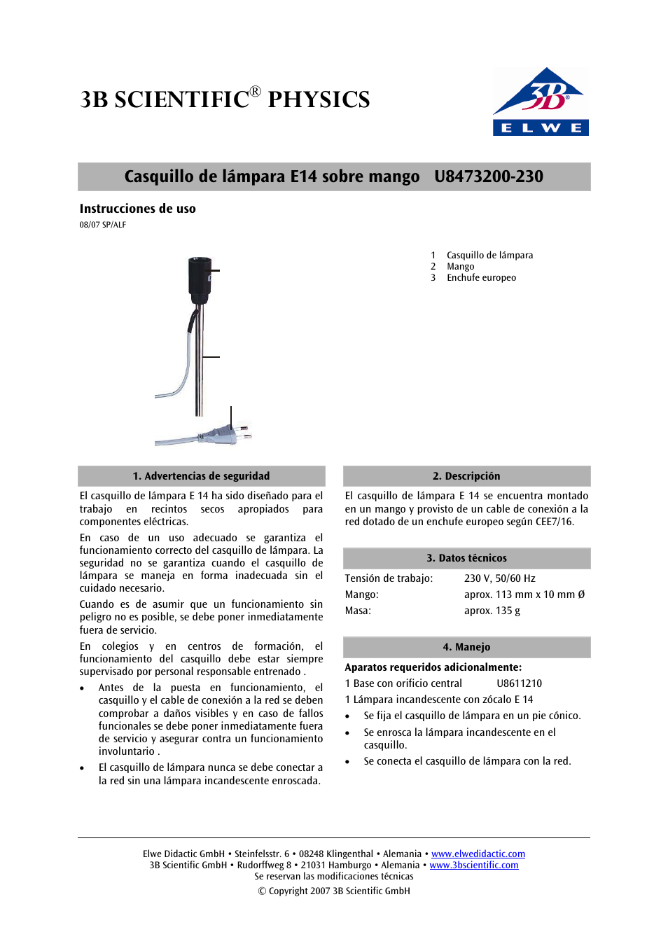 3b scientific, Physics | 3B Scientific E14 Lamp Socket on Stem User Manual | Page 5 / 6