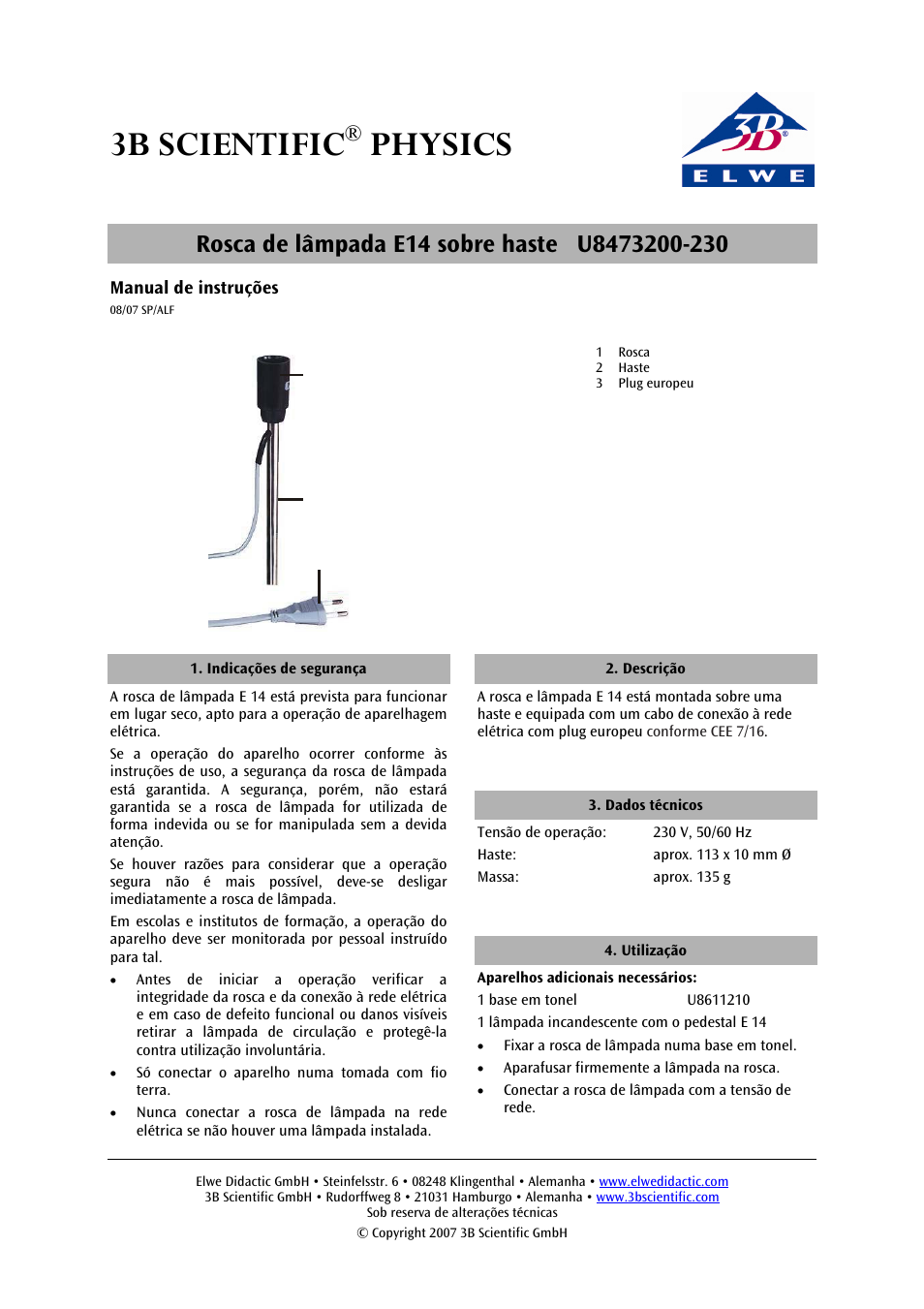 3b scientific, Physics | 3B Scientific E14 Lamp Socket on Stem User Manual | Page 6 / 6