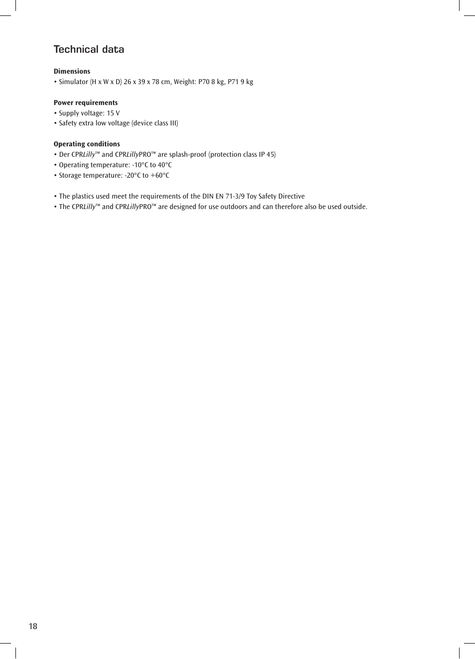 Technical data | 3B Scientific CPR Lilly Pro, dark User Manual | Page 18 / 19