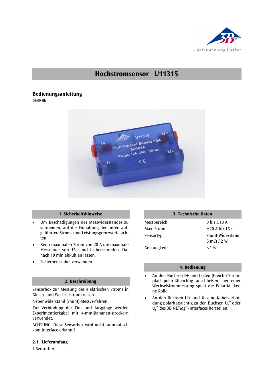 3B Scientific High Current Sensor, 10 A User Manual | 12 pages