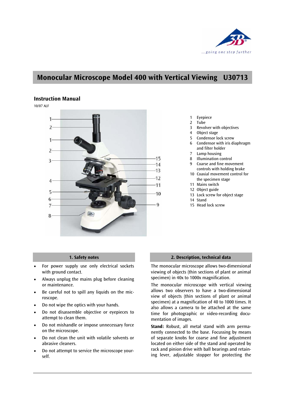 3b scientific, Physics | 3B Scientific Monocular Microscope Model 400 with Vertical Viewing User Manual | Page 4 / 18