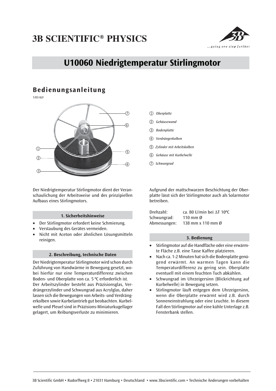 3B Scientific Low Temperature Stirling Engine, Acrylic User Manual | 6 pages