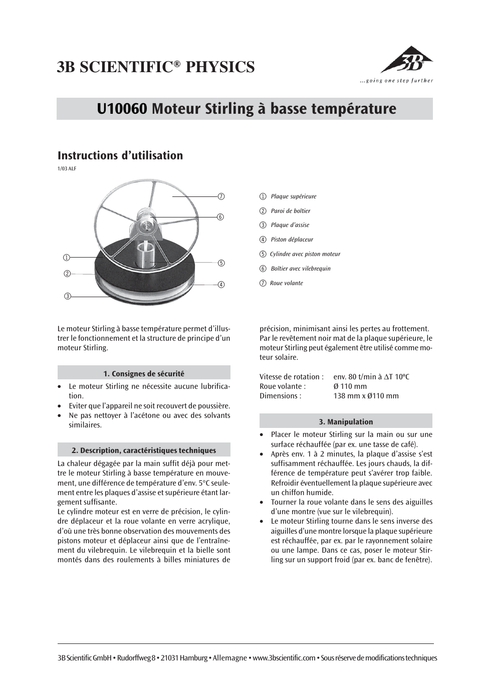 Instructions d’utilisation | 3B Scientific Low Temperature Stirling Engine, Acrylic User Manual | Page 3 / 6