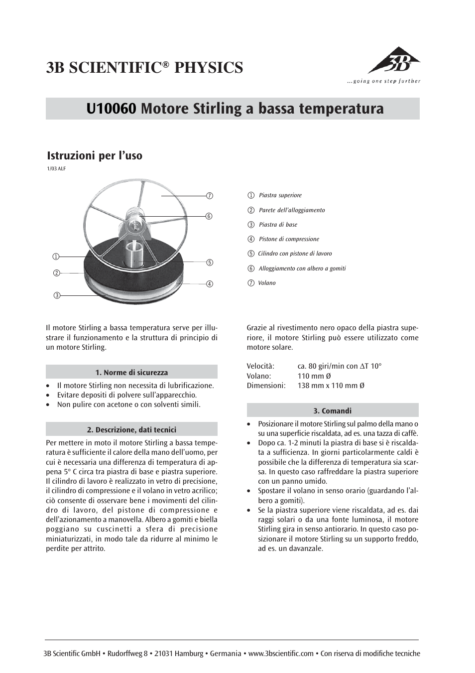Istruzioni per l’uso | 3B Scientific Low Temperature Stirling Engine, Acrylic User Manual | Page 4 / 6