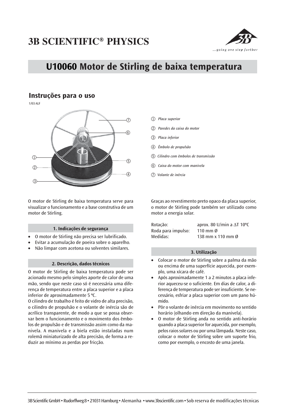 Instruções para o uso | 3B Scientific Low Temperature Stirling Engine, Acrylic User Manual | Page 6 / 6