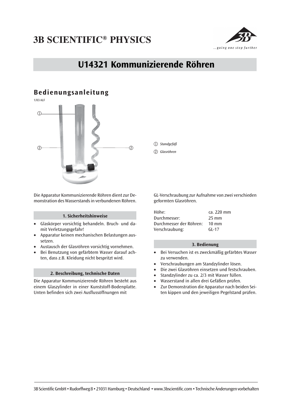 3B Scientific Glass Cylinder with 2 Tubes User Manual | 6 pages