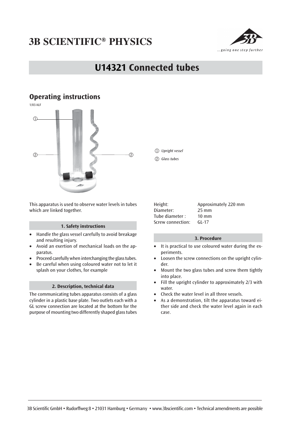 Operating instructions | 3B Scientific Glass Cylinder with 2 Tubes User Manual | Page 2 / 6