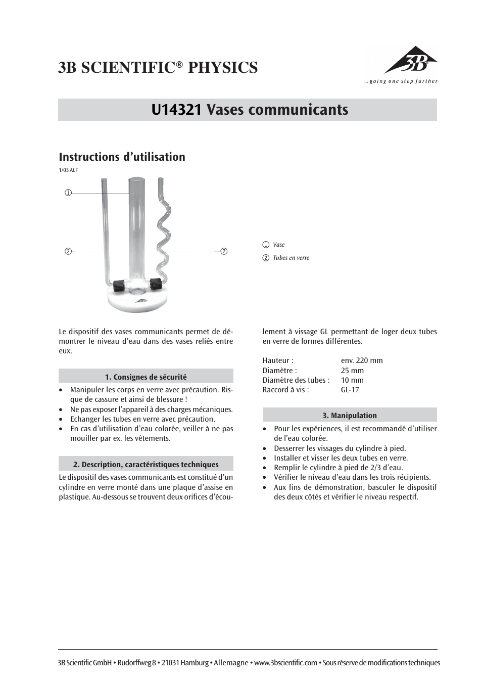 Instructions d’utilisation | 3B Scientific Glass Cylinder with 2 Tubes User Manual | Page 3 / 6