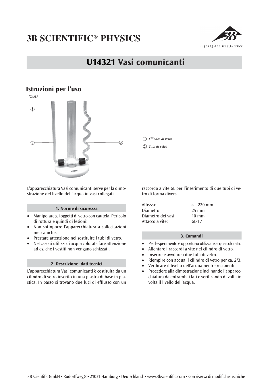 Istruzioni per l’uso | 3B Scientific Glass Cylinder with 2 Tubes User Manual | Page 4 / 6