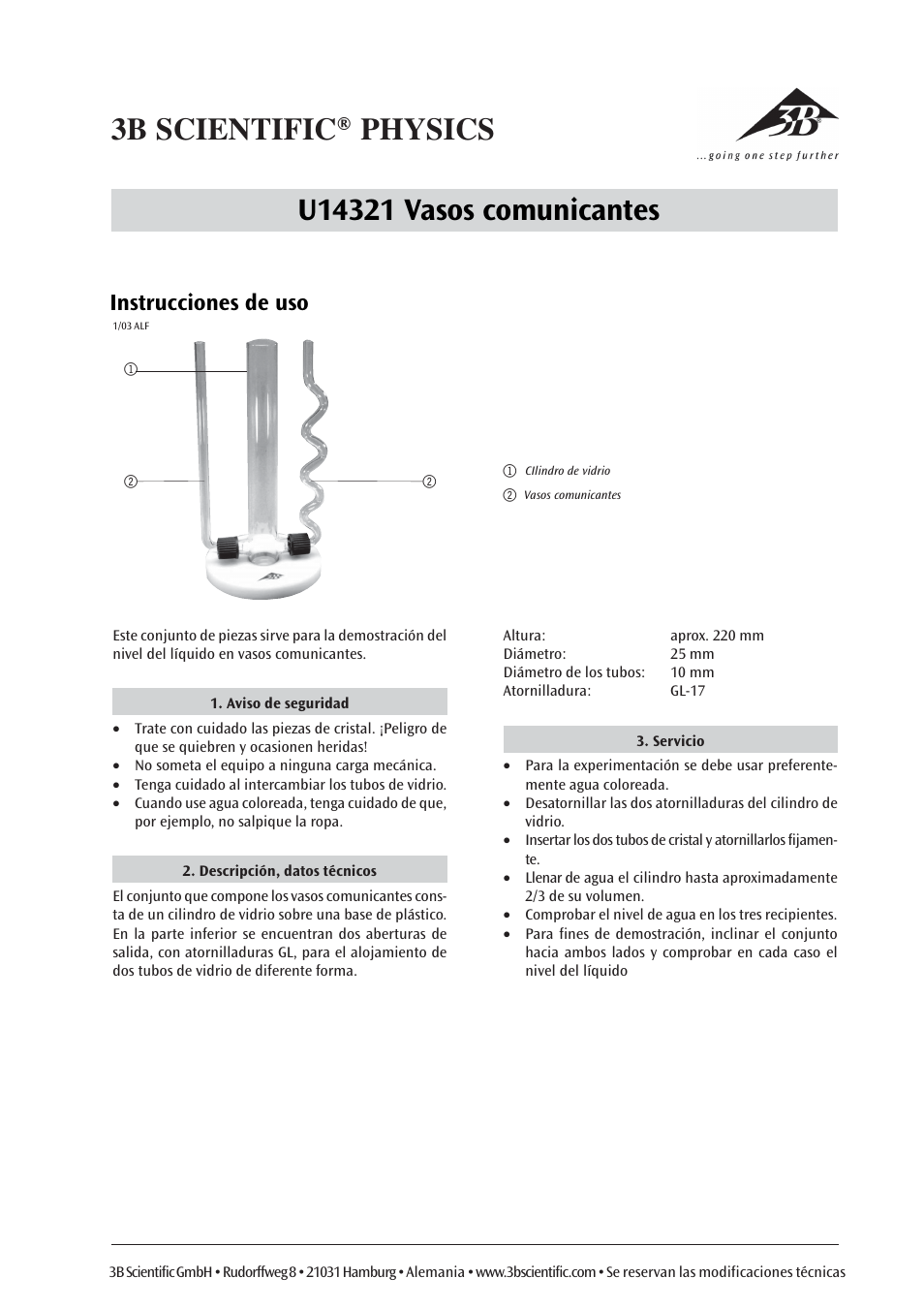 Instrucciones de uso | 3B Scientific Glass Cylinder with 2 Tubes User Manual | Page 5 / 6