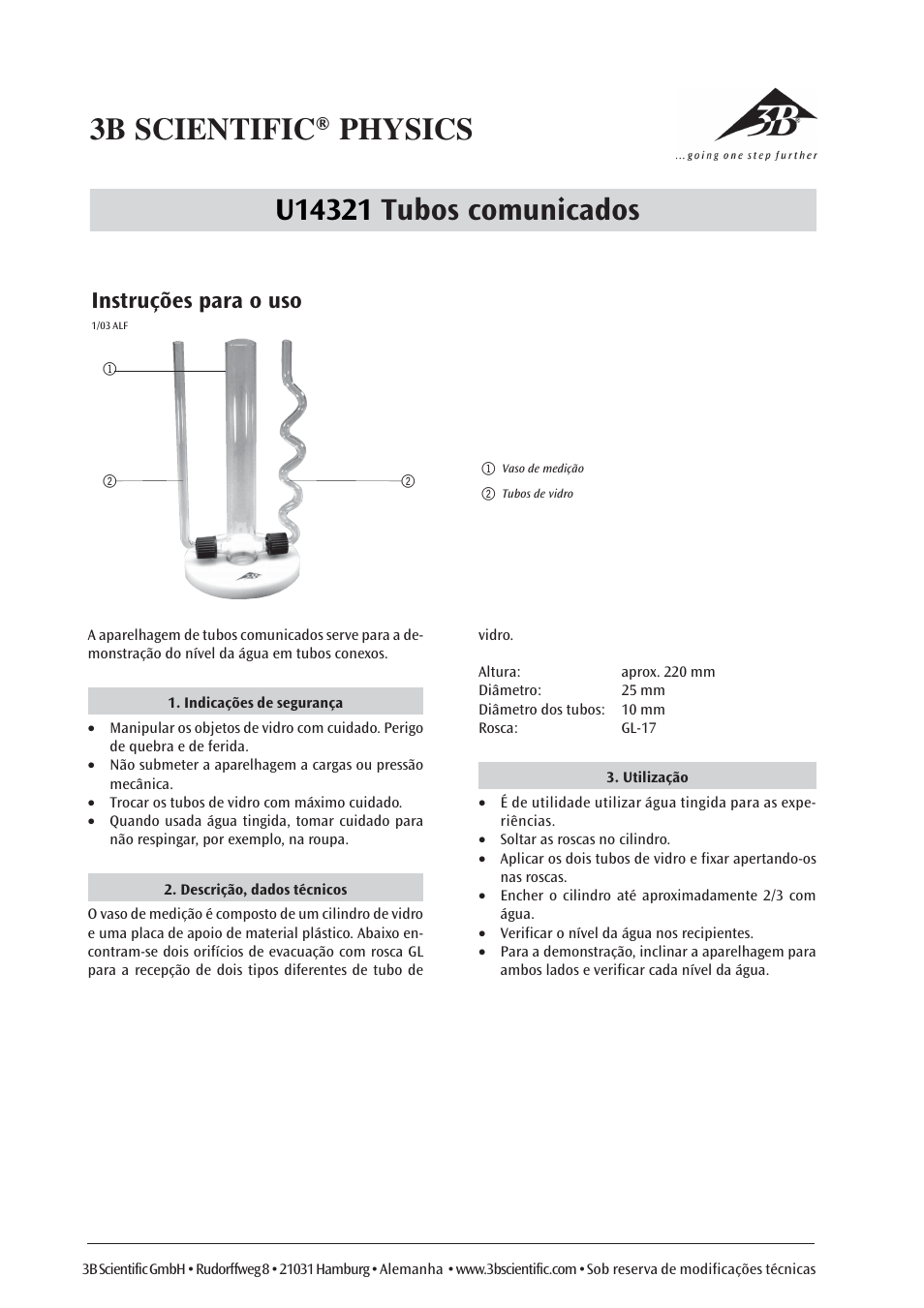 Instruções para o uso | 3B Scientific Glass Cylinder with 2 Tubes User Manual | Page 6 / 6